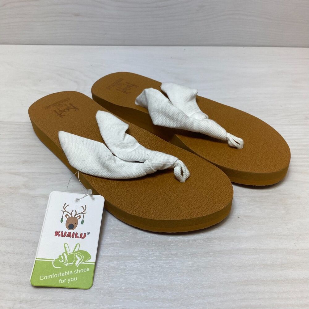 KUAILU Yoga Mat Thong Sandals Women's Size 7.5 White Brown Slip On Casual Shoes